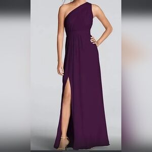 David's Bridal Long One Shoulder Crinkle Chiffon Formal Dress Plum Sz-10
